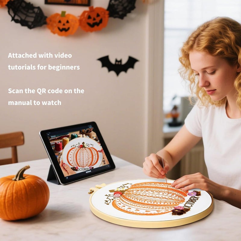Crafmanoe Easy Beginners Embroidery Stitches Practice Kits for Adults, Fall Pumpkin Embroidery Starters Kits for Beginners to Learn 26 Stitches, Autumn Hand Embroidery Set Craft for Women & Video Tutorial - Image 3